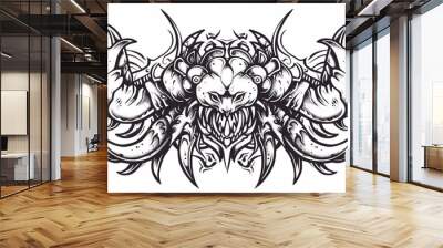 A black and white drawing of a crab with a large head and many claws. The claws are sharp and pointy, and the crab has a menacing look on its face. The drawing is bold and graphic Wall mural