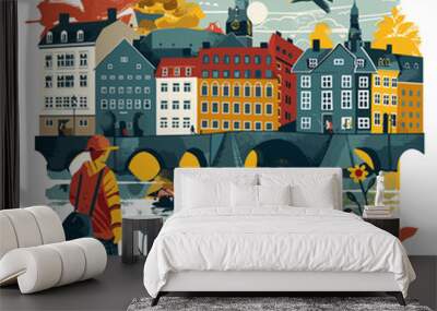 A man is walking in the city of Oslo. The city is full of buildings and a bridge Wall mural