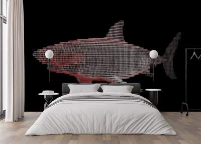 A shark made of many cubes on a black uniform background. Constructor of cubic elements. Art of the wild animal world in modern performance. 3d rendering. Wall mural