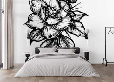 black and white vector illustration in tattoo style - a beautiful exotic flower on a white background Wall mural