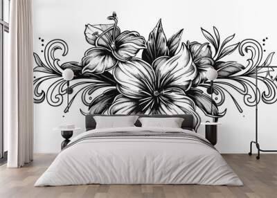 black and white vector illustration in tattoo style - a beautiful exotic flower on a white background Wall mural