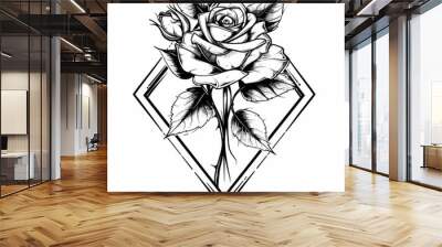 black and white vector image in tattoo style - rose on a white background Wall mural