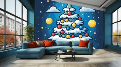 Christmas tree with balls and star in the sky, vector illustration Wall mural