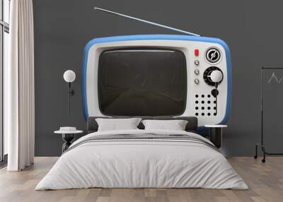 Cute old blue tv with antenna on a gray background. 3d illustration. Wall mural