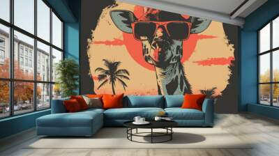 Giraffe in sunglasses on the background of the sunset. Vector illustration Wall mural