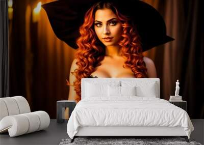 halloween witch. a beautiful red-haired woman in a witch costume poses for a Halloween themed photo shoot Wall mural