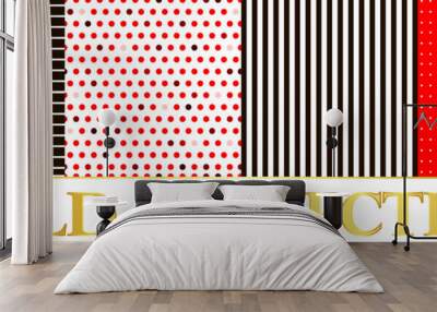 Set pattern polka dots on red and white background and stripes. Wall mural