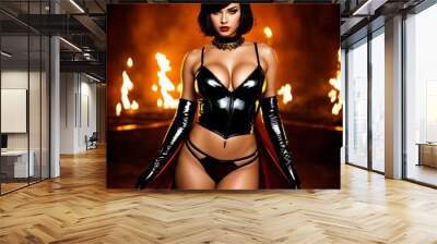 Sexy brunette woman dressed as a devil with horns and a red cloak. Wall mural