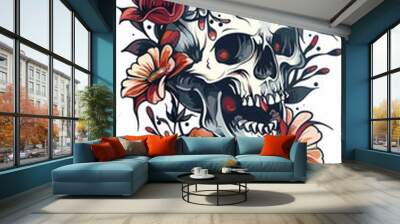 Skull with flowers. Vector illustration for tattoo or t-shirt design. Wall mural