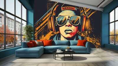 Vector illustration of a man with headphones on a grunge background. Wall mural