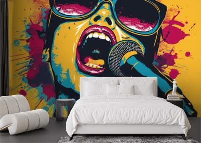 Vector illustration of a rock singer with microphone on grunge background. Wall mural