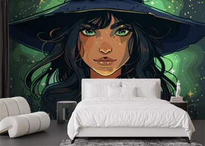 Vector illustration of a witch in a hat and a pot of potion. Wall mural