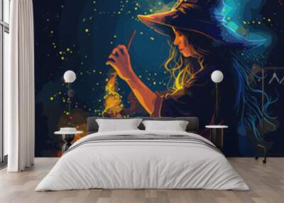 Vector illustration of a witch in a hat and a pot of potion. Wall mural