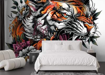 Vector illustration of tiger head with flowers and leaves. Tattoo design Wall mural