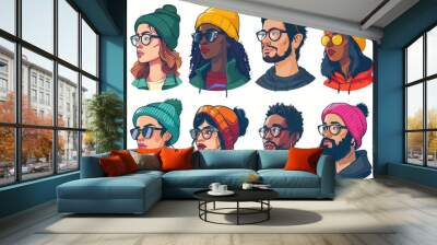 Vector set of hipster people avatars in hats and scarves. Wall mural