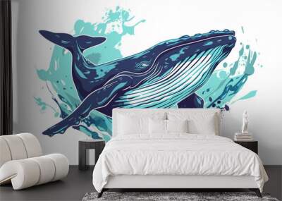 Whale vector illustration. Hand drawn whale in blue water splash background Wall mural