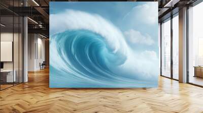 A large wave is crashing into the ocean. The sky is cloudy and the water is blue. Scene is calm and peaceful, as the wave is gentle and the sky is not stormy Wall mural