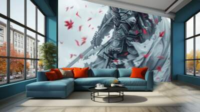 A man in a suit of armor is holding two swords and is surrounded by red leaves Wall mural