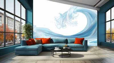 A wave in the ocean with a white background. The wave is large and powerful, and the water is blue. Concept of movement and energy, as well as the vastness of the ocean Wall mural