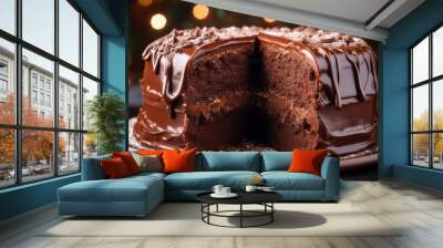 Photograph a decadent chocolate cake with a slice cut out, showing the rich Wall mural