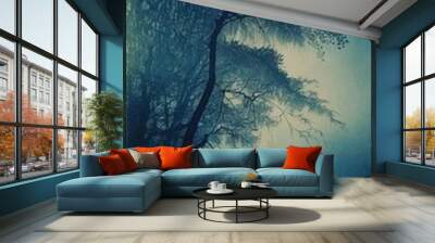 the most beautiful tree in night sky with misty crepuscular light low angle shot cyanotype mist Generative AI Wall mural