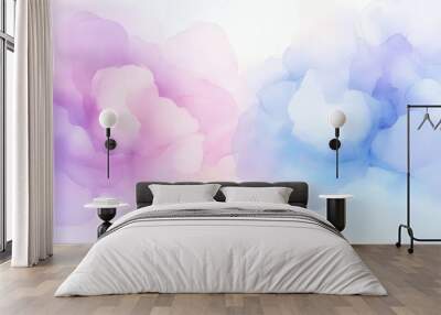 Two flowers with pink and blue petals. The flowers are in the air and are surrounded by a white background Wall mural