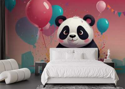 Cute cartoon banner.Bright digital illustrated postcard, poster.panda and balloon Wall mural