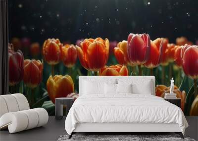 Flowers tulips banner. Bright digital illustrated postcard, poster. red and yellow tulips Wall mural