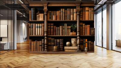 Antique books on wooden shelves. Library books on shelve Wall mural