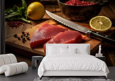 close-up view of a fresh raw tuna steak on cutting board, ai tools generated image Wall mural