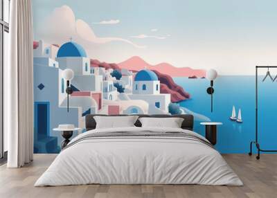 decorative flat design style poster with Santoriny motifs, ai tools generated image Wall mural