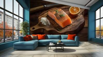 fresh raw salmon chunk on a cutting board, ai tools generated image Wall mural