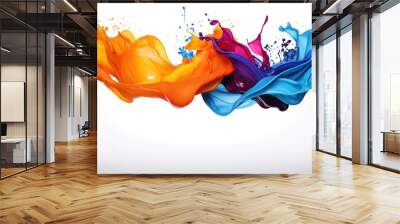 two waves of multicolored liquid paint splashes moving towards each other on white background  Wall mural