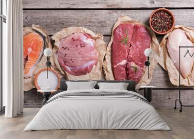 salmon , beef , pork and chicken Wall mural