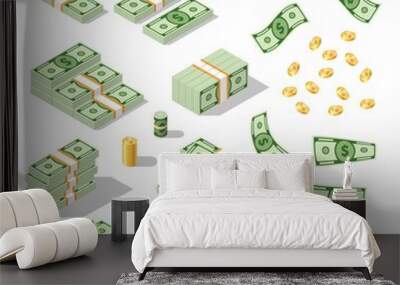 Set of isometric money isolated on white background. Golden coins and paper dollars illustration. A lot of cash money. Wall mural