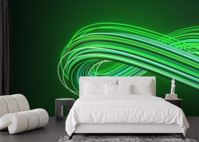 3D abstract twisted ribbon in bright green hues on a dark background. Continuity and flow concept. 3D Rendering Wall mural