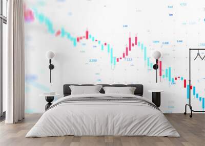 A blurred stock market chart with fluctuating candlestick graph in red and blue, symbolizing financial analysis, on a white background Wall mural