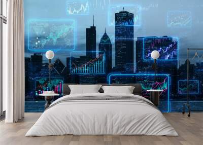 A city skyline with digital stock market charts overlay, with a technological and financial concept on a dark background Wall mural