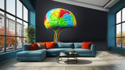 A colorful brain model with cables on dark background, concept of creativity and ideas. 3D Rendering Wall mural