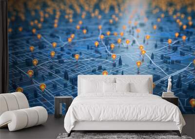 A digital grid with connected nodes and orange location markers, on a blue illuminated background, concept of networking, Generative AI. Generative AI Wall mural