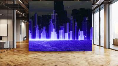 A digital illustration of a city skyline with VR-style buildings on a cyberspace background, conveying a smart city concept. 3D Rendering Wall mural