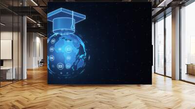 A digital illustration of a graduation cap on a glowing globe with icons, on a network-style dark blue background, concept of global education. 3D Rendering Wall mural