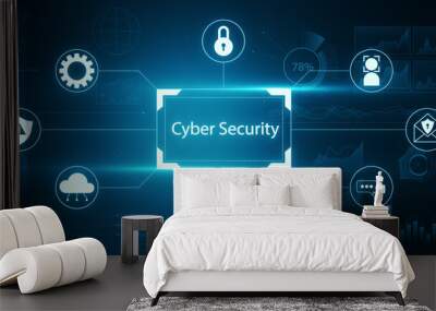 A digital image themed on cyber security with various icons, graphs, and a central text box, on a dark blue background, concept of network protection. 3D Rendering Wall mural