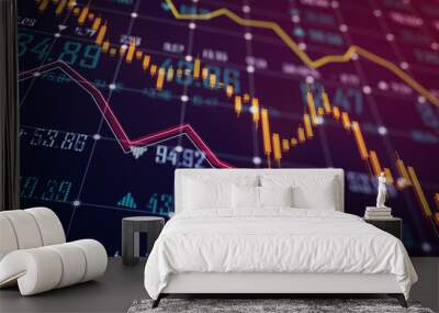 A digital stock market chart showing a downward trend arrow against a blue and black background, illustrating an economic downturn concept. 3D Rendering Wall mural