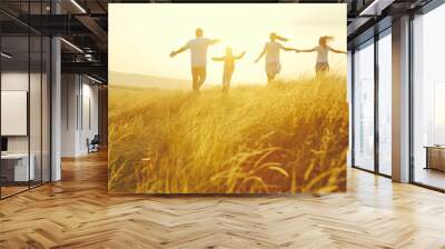 A family holding hands running through a golden field at sunset, with a warm and soft background, depicting togetherness and happiness. Generative AI Wall mural