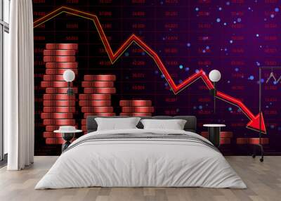 A financial concept with coins and a descending graph on a red digital background, symbolizing an economic downturn. 3D Rendering Wall mural