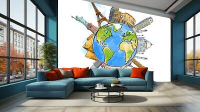 A hand-drawn globe with iconic world landmarks surrounding it, presented on a white background illustrating the concept of global travel Wall mural