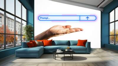 A hand presenting a neon search prompt bar on a white background, representing technology, creativity, and modern digital concepts Wall mural