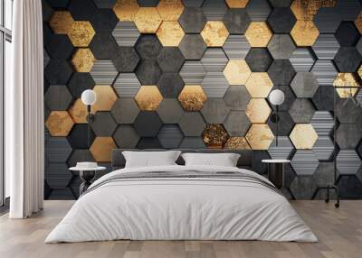 A hexagonal pattern on a wall with a mix of metallic gold and dark grey textures, modern graphic design on a striped backdrop, concept of luxury. 3D Rendering Wall mural