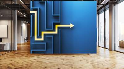 A labyrinth maze with a glowing yellow path on a blue background suggesting a concept of problem solving. 3D Rendering Wall mural